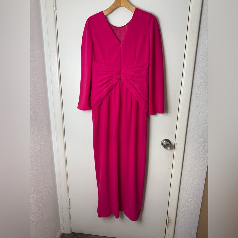 Theia twist knot front, hot pink, cape sleeve maxi gown, 10 - Picture 8 of 13